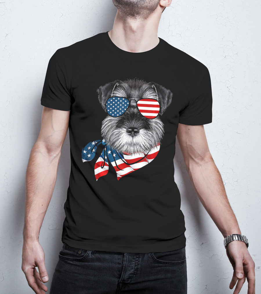 Schnauzer With American Flag Sunglasses And Scarf Patriotic T-Shirt