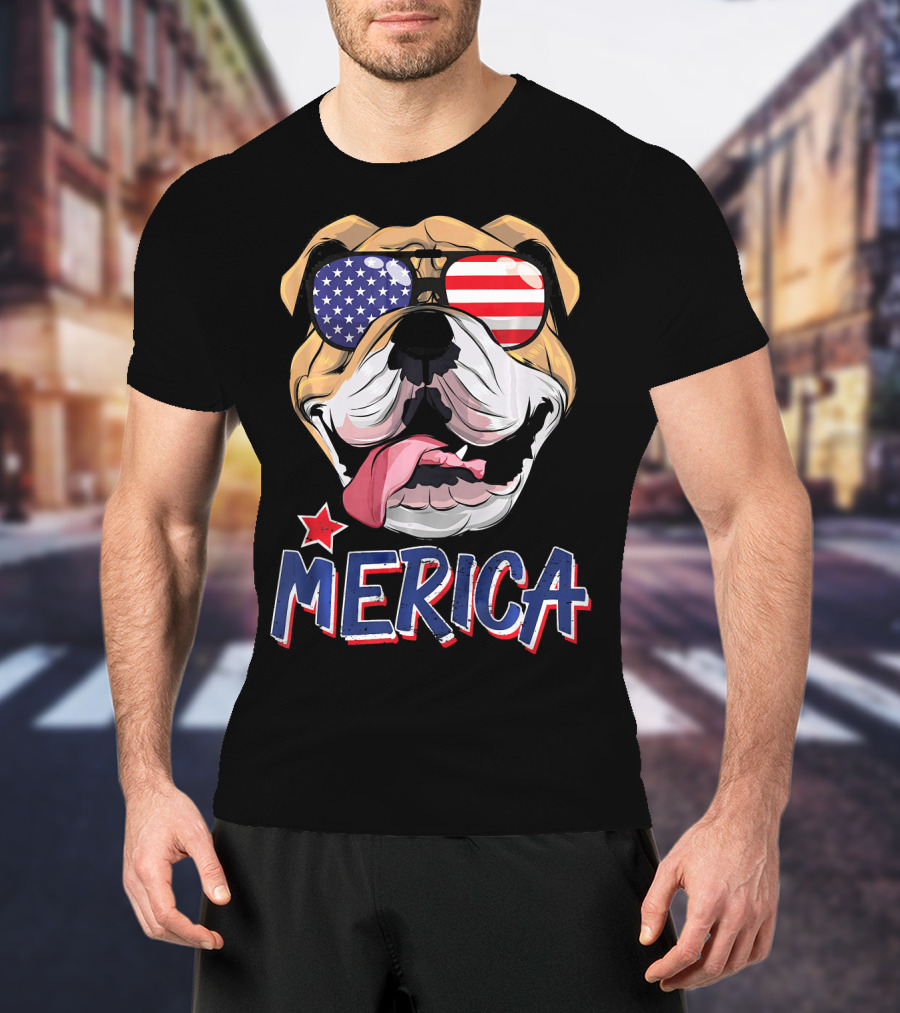 English Bulldog Merica Sunglasses Fourth Of July T-Shirt