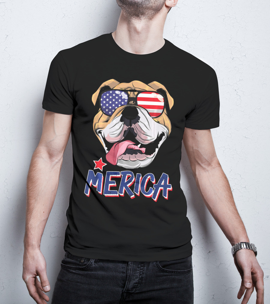 English Bulldog Merica Sunglasses Fourth Of July T-Shirt