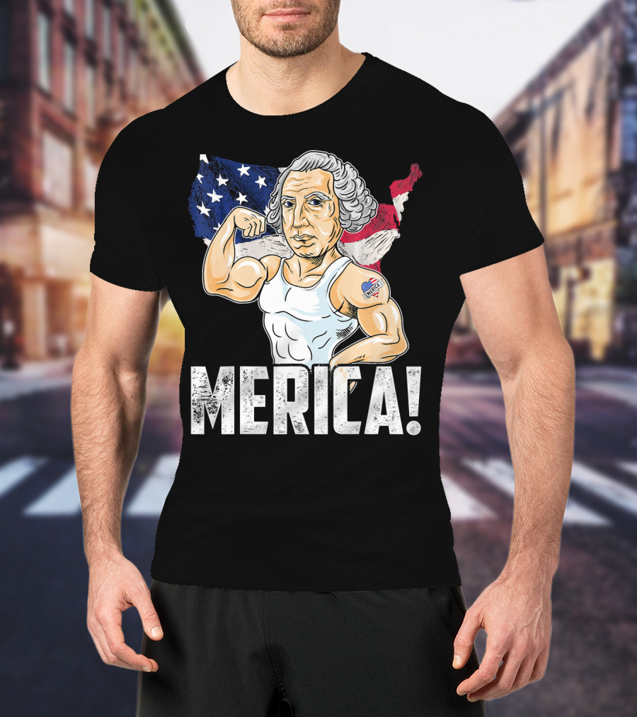 George Washington Muscles Merica USA Flag Background T-Shirt
