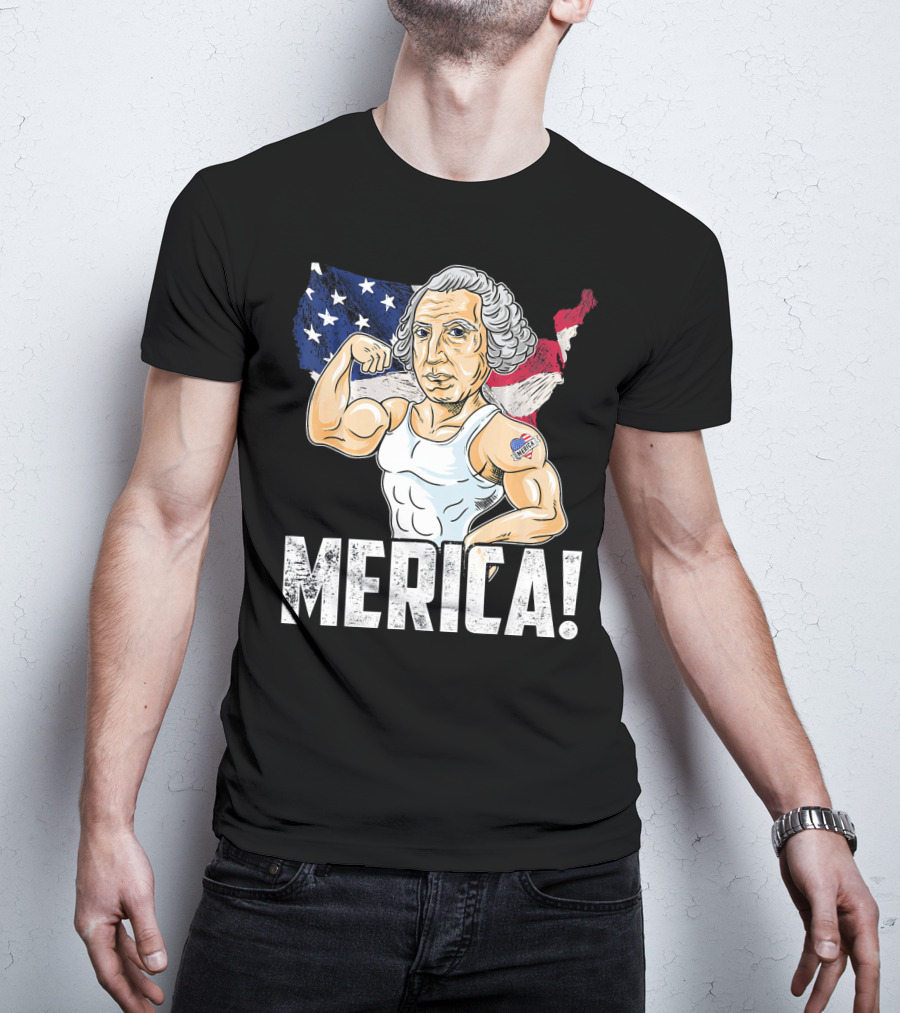 George Washington Muscles Merica USA Flag Background T-Shirt