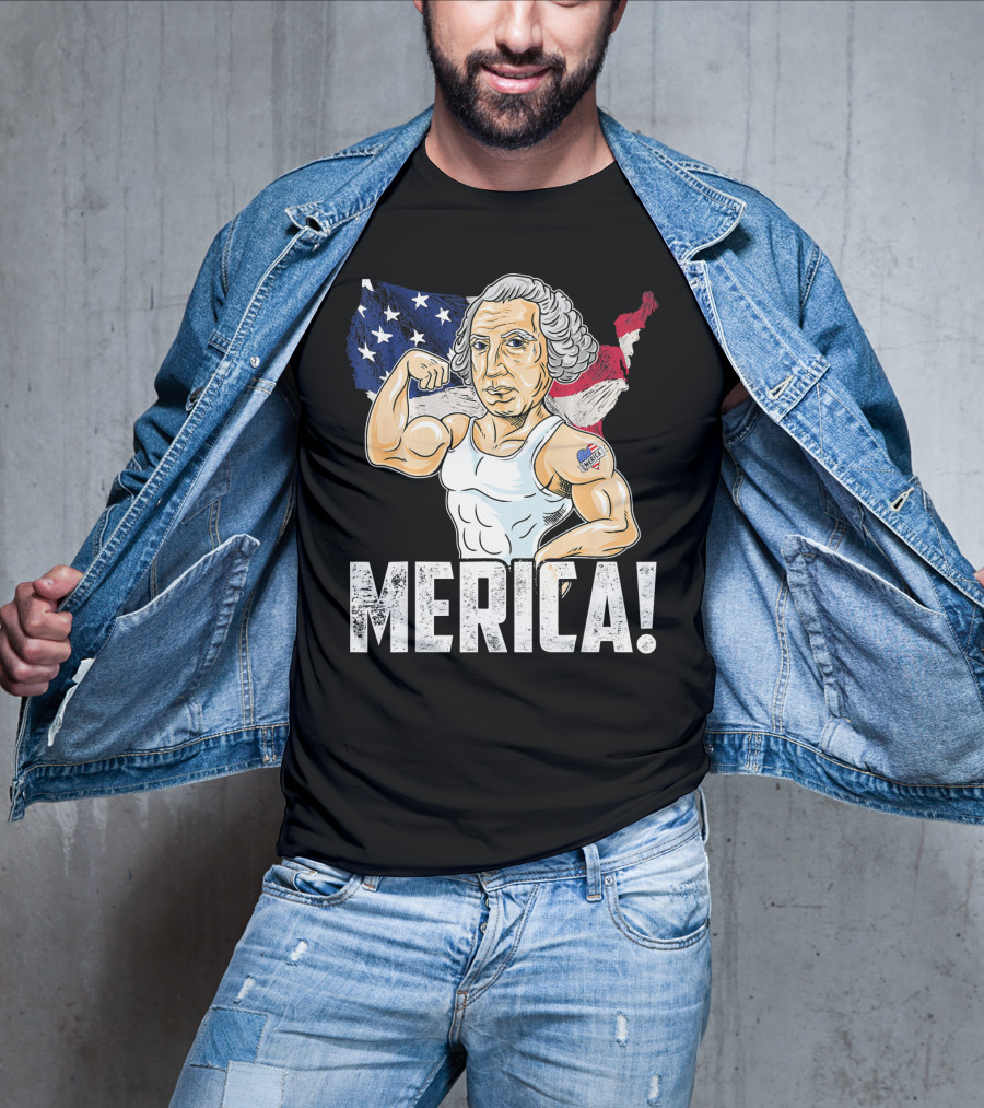 George Washington Muscles Merica USA Flag Background T-Shirt