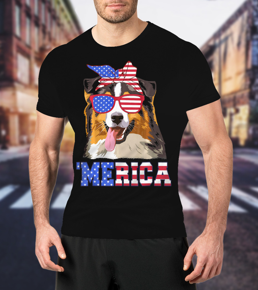 Aussie Dog Mom 'Merica American Flag Sunglasses And Bandana T-Shirt