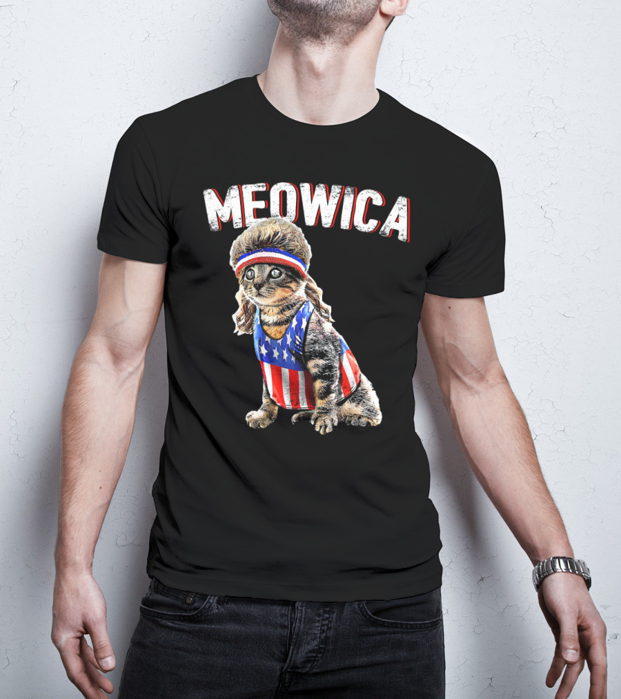 Meowica Cat Mullet American Flag Headband Stars And Stripes Tank Top T-Shirt