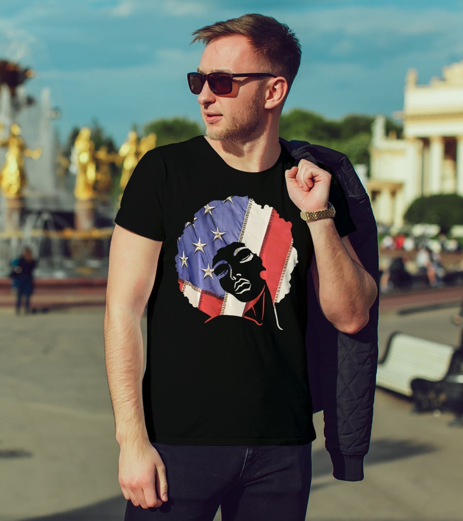 Black Girl Melanin Afro With US Flag T-Shirt