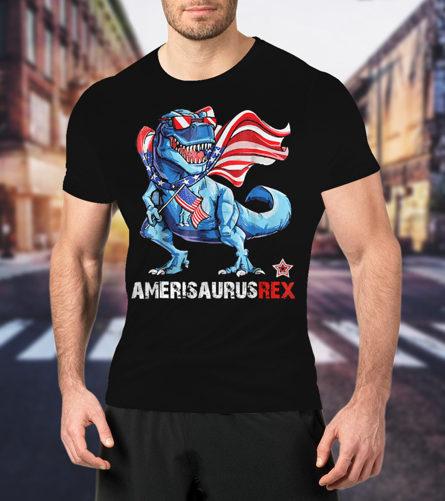 Amerisaurus Rex Patriotic Dinosaur With USA Flag And Stars T-Shirt