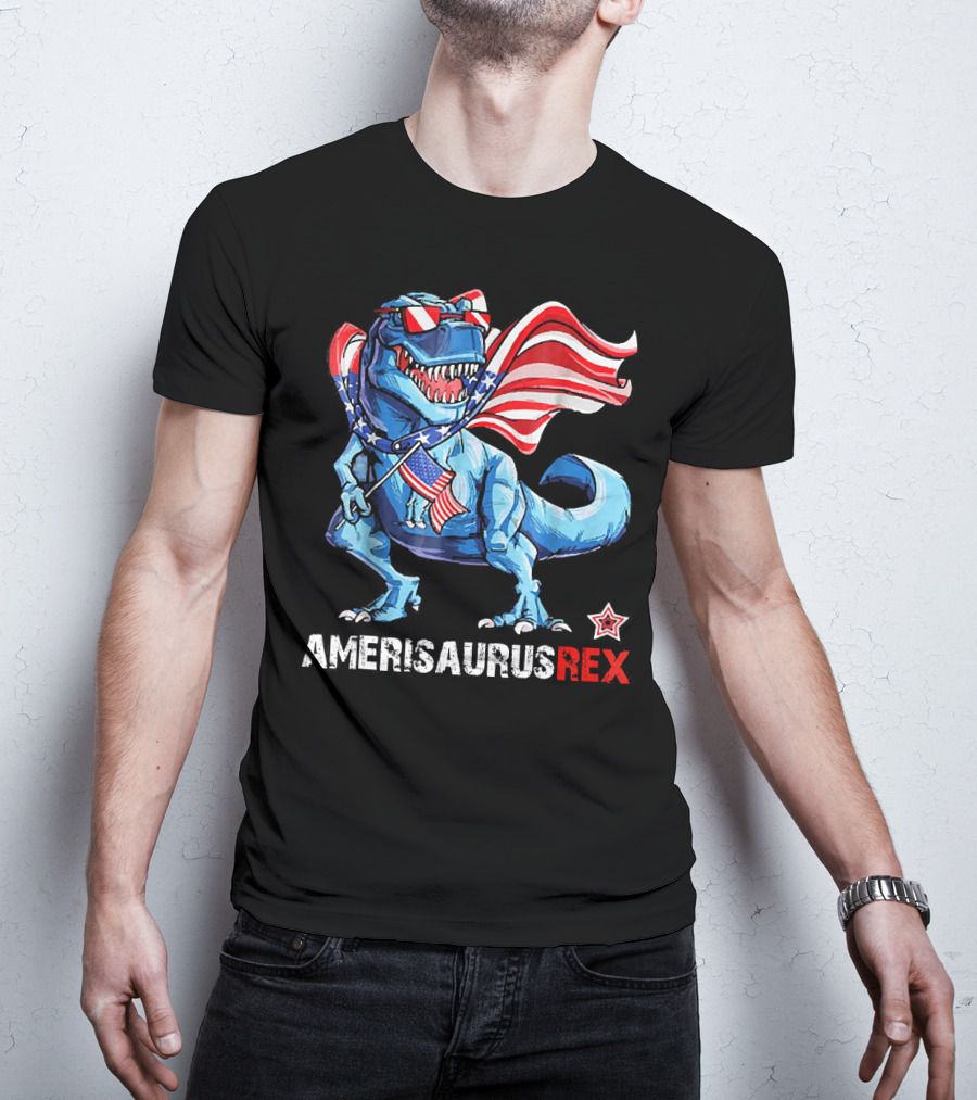 Amerisaurus Rex Patriotic Dinosaur With USA Flag And Stars T-Shirt