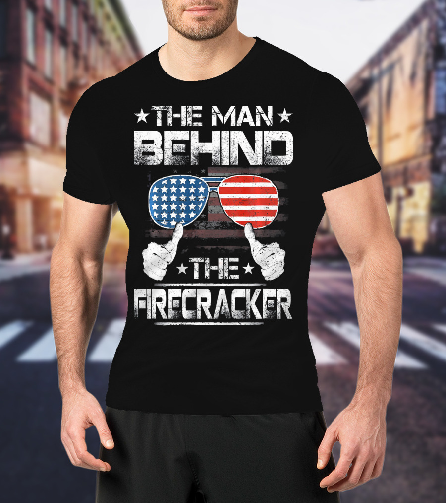 The Man Behind The Firecracker Patriotic American Flag Sunglasses And Thumbs Up T-Shirt