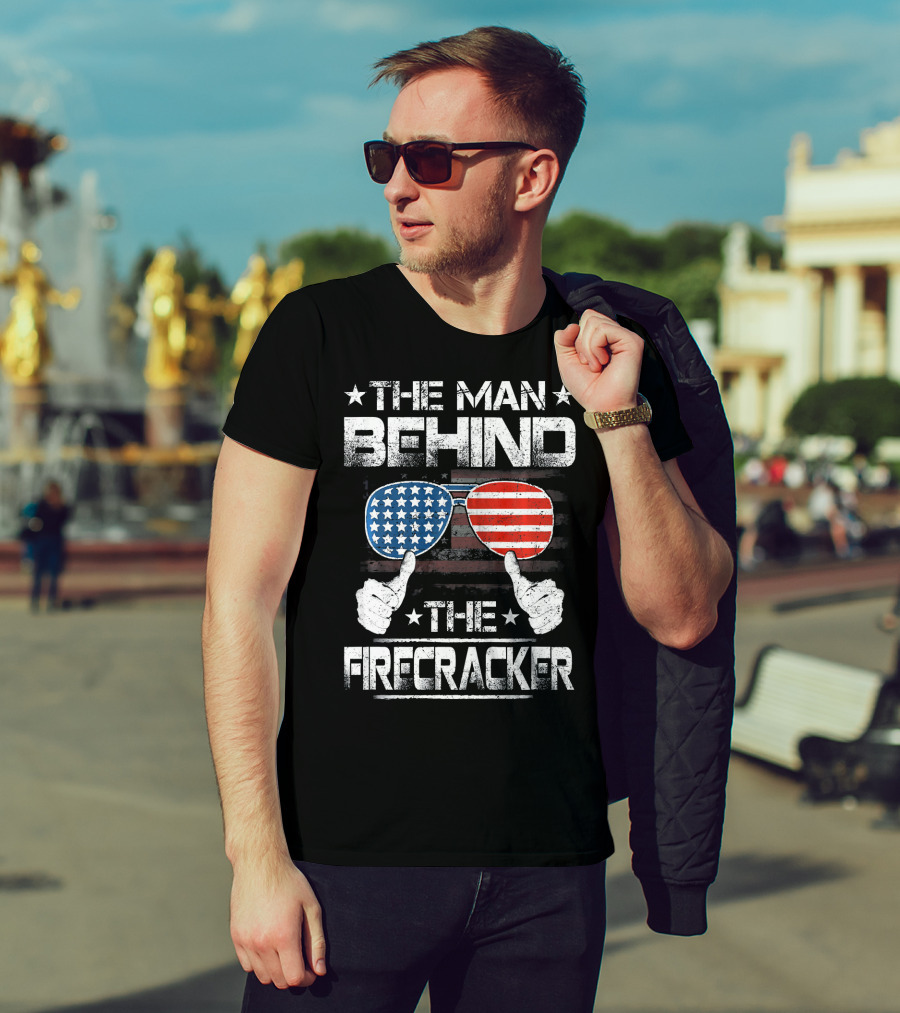 The Man Behind The Firecracker Patriotic American Flag Sunglasses And Thumbs Up T-Shirt