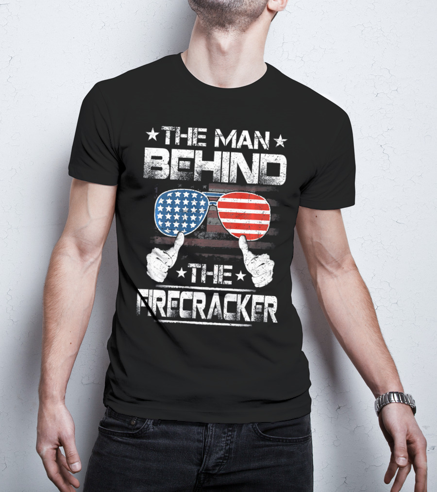 The Man Behind The Firecracker Patriotic American Flag Sunglasses And Thumbs Up T-Shirt