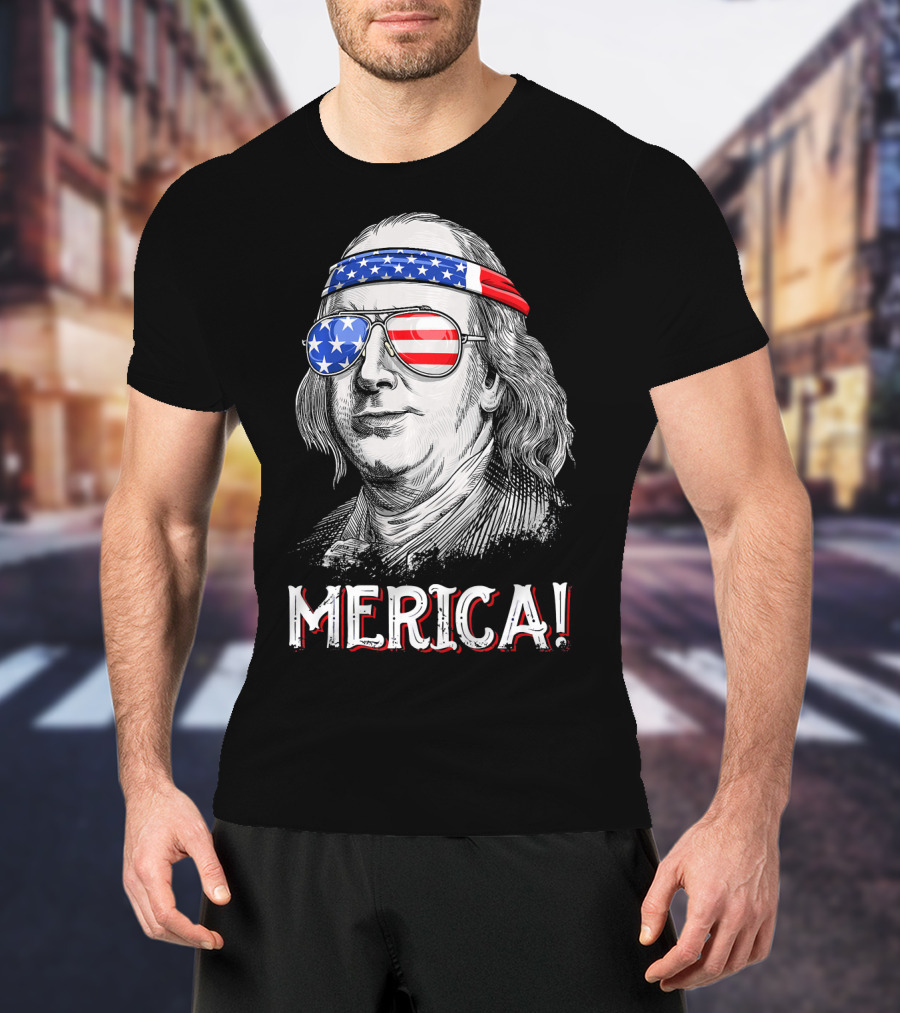 Benjamin Franklin Merica Patriotic USA Bandana Sunglasses T-Shirt