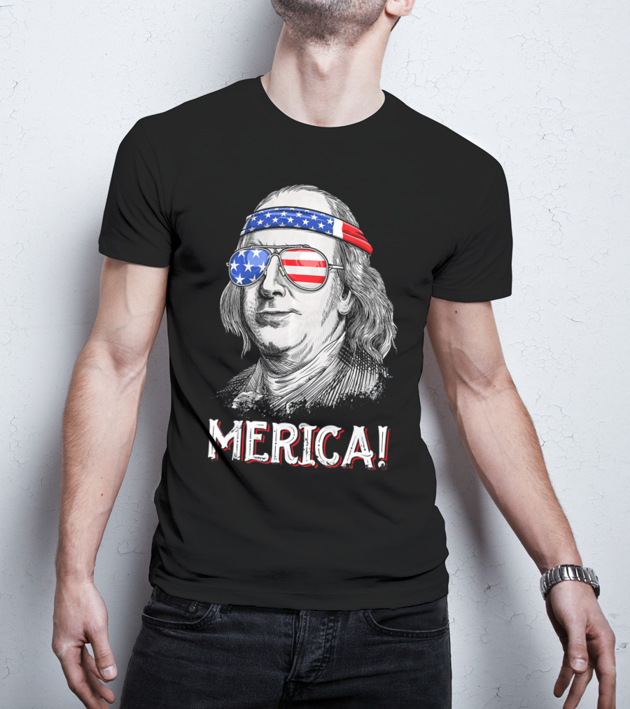 Benjamin Franklin Merica Patriotic USA Bandana Sunglasses T-Shirt