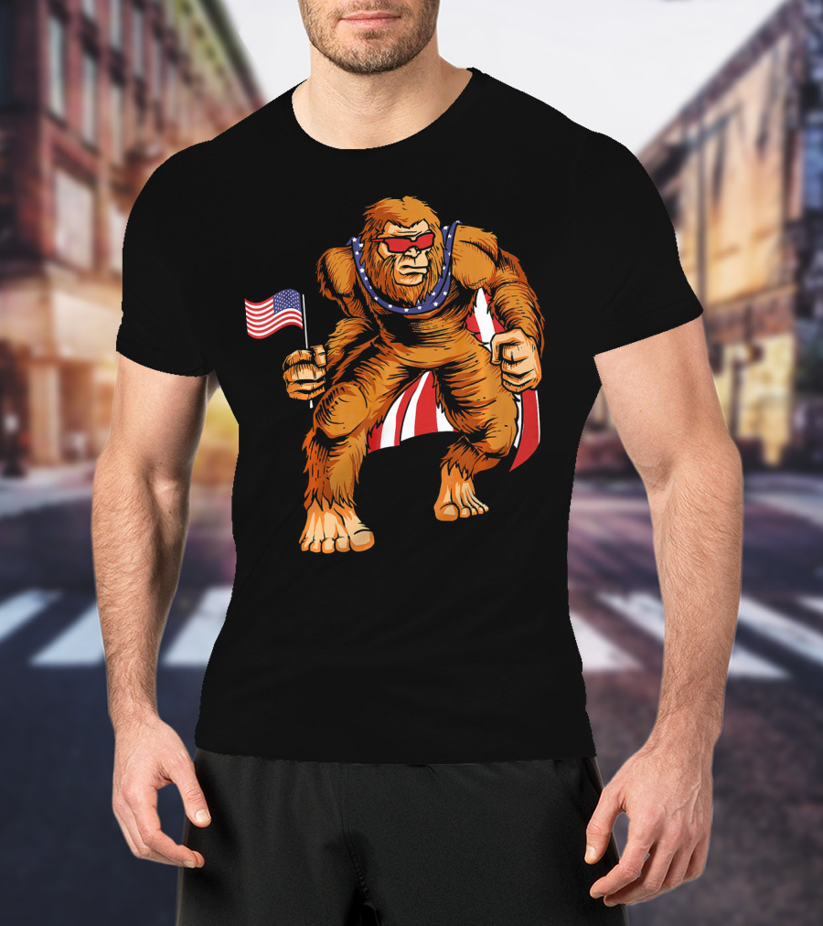Bigfoot Patriotic American Flag Sunglasses Flag-Waving Stance T-Shirt