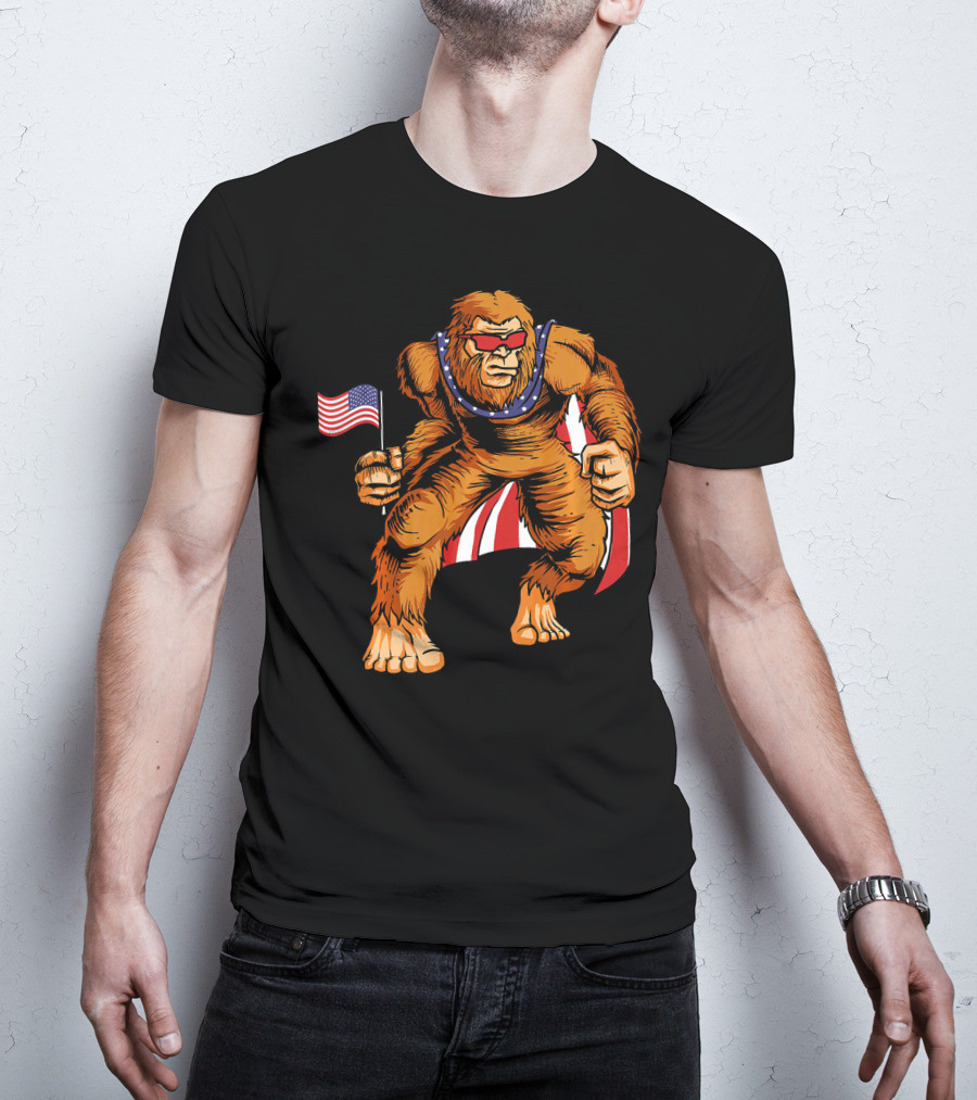 Bigfoot Patriotic American Flag Sunglasses Flag-Waving Stance T-Shirt