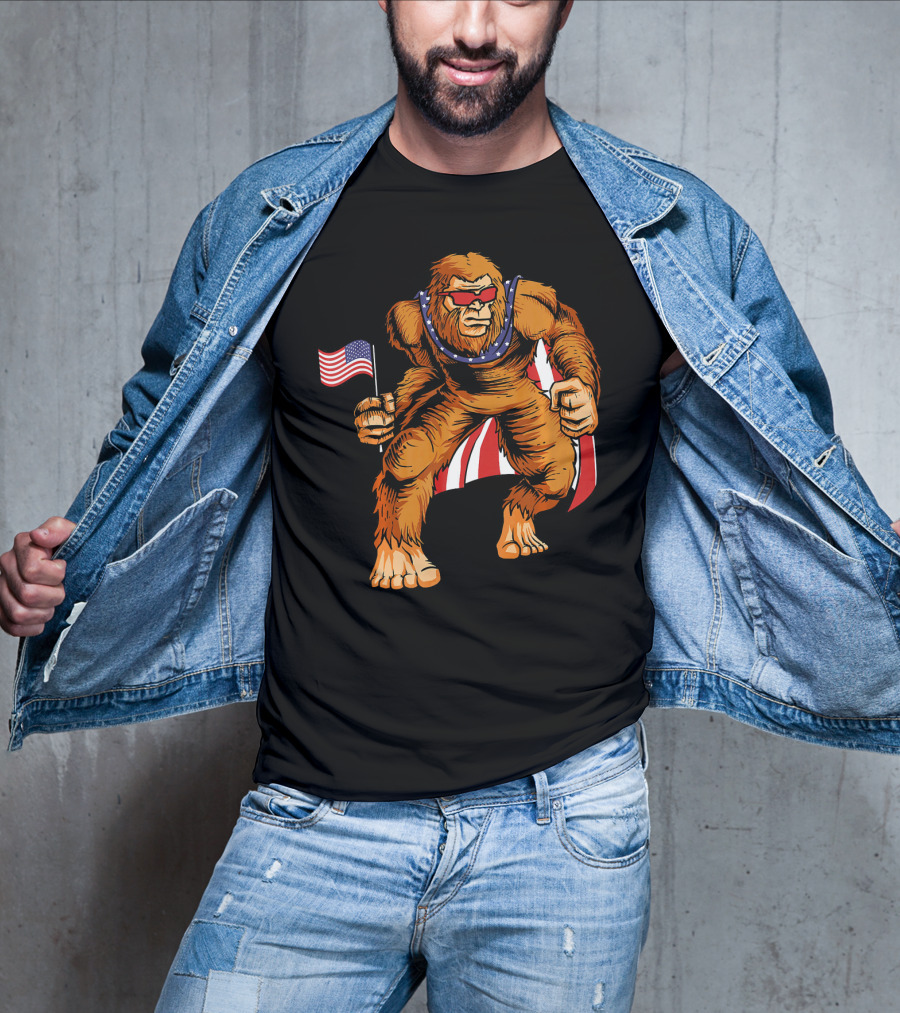 Bigfoot Patriotic American Flag Sunglasses Flag-Waving Stance T-Shirt