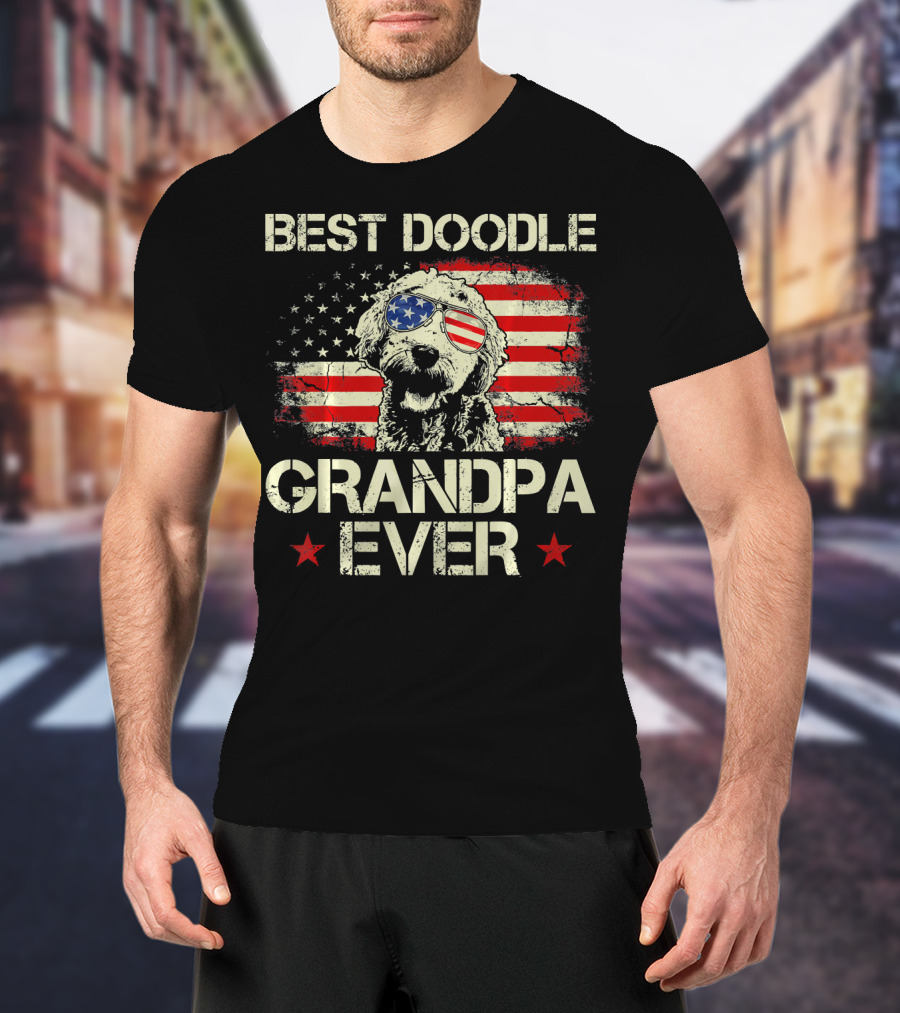Best Doodle Grandpa Ever USA Flag Sunglasses Dog T-Shirt