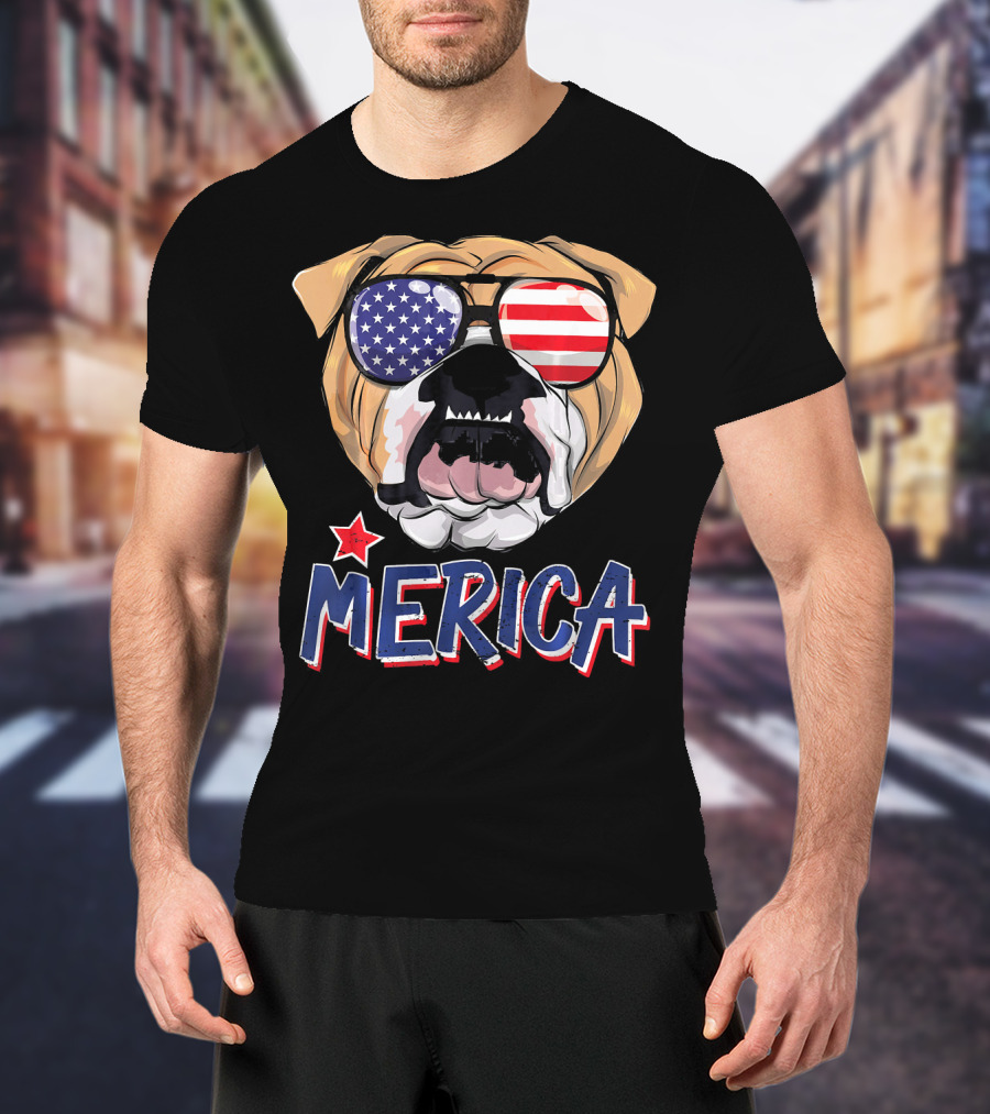 English Bulldog Sunglass Merica American Flag T-Shirt