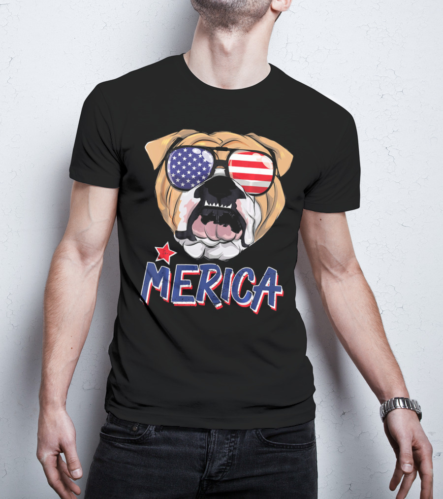 English Bulldog Sunglass Merica American Flag T-Shirt