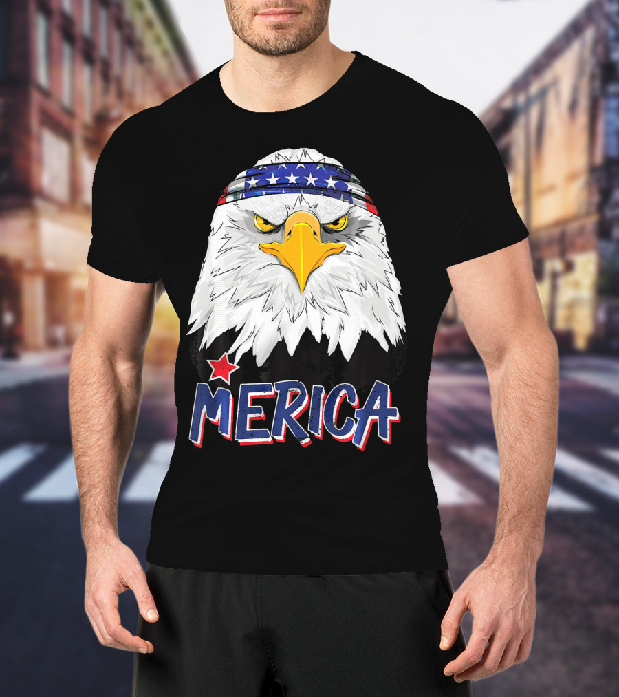 Merica Patriotic American Bald Eagle With Star-Spangled Headband T-Shirt