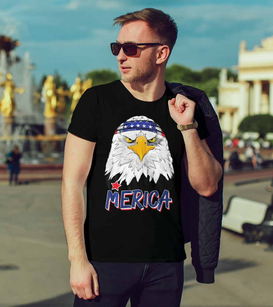 Merica Patriotic American Bald Eagle With Star-Spangled Headband T-Shirt