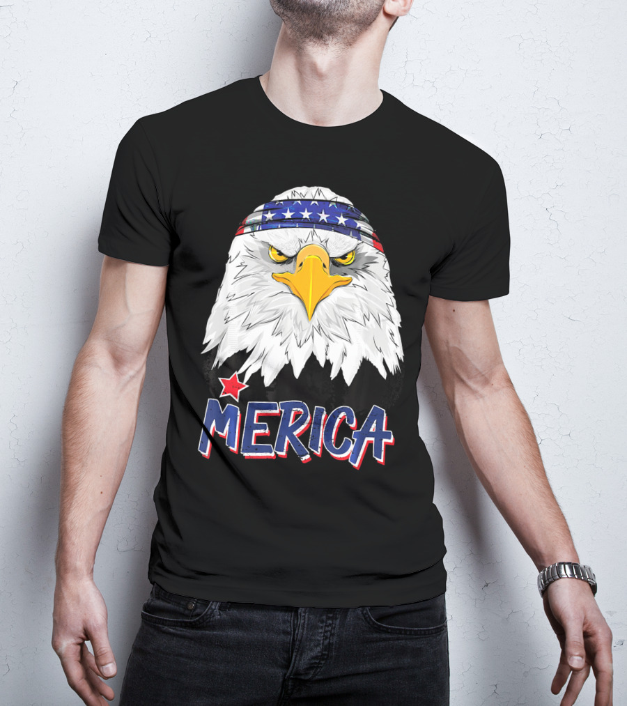 Merica Patriotic American Bald Eagle With Star-Spangled Headband T-Shirt