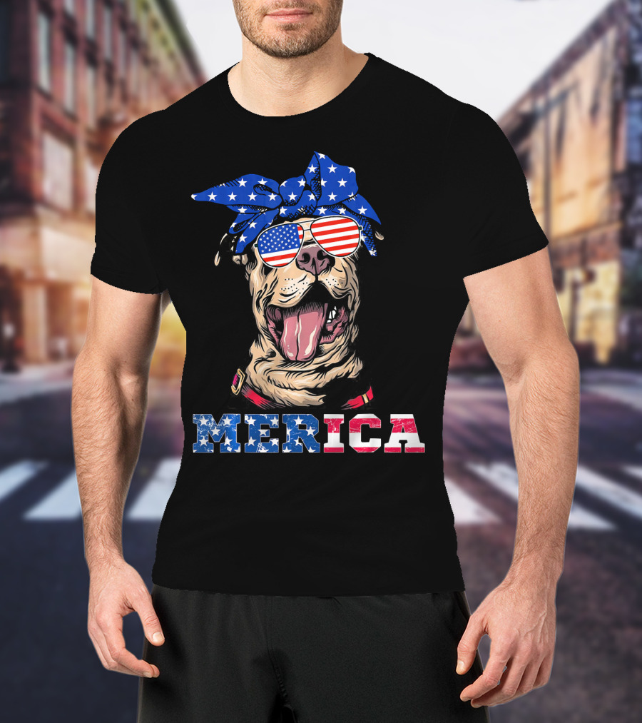 Merica American Flag Pitbull Wearing Bandana And Sunglasses T-Shirt