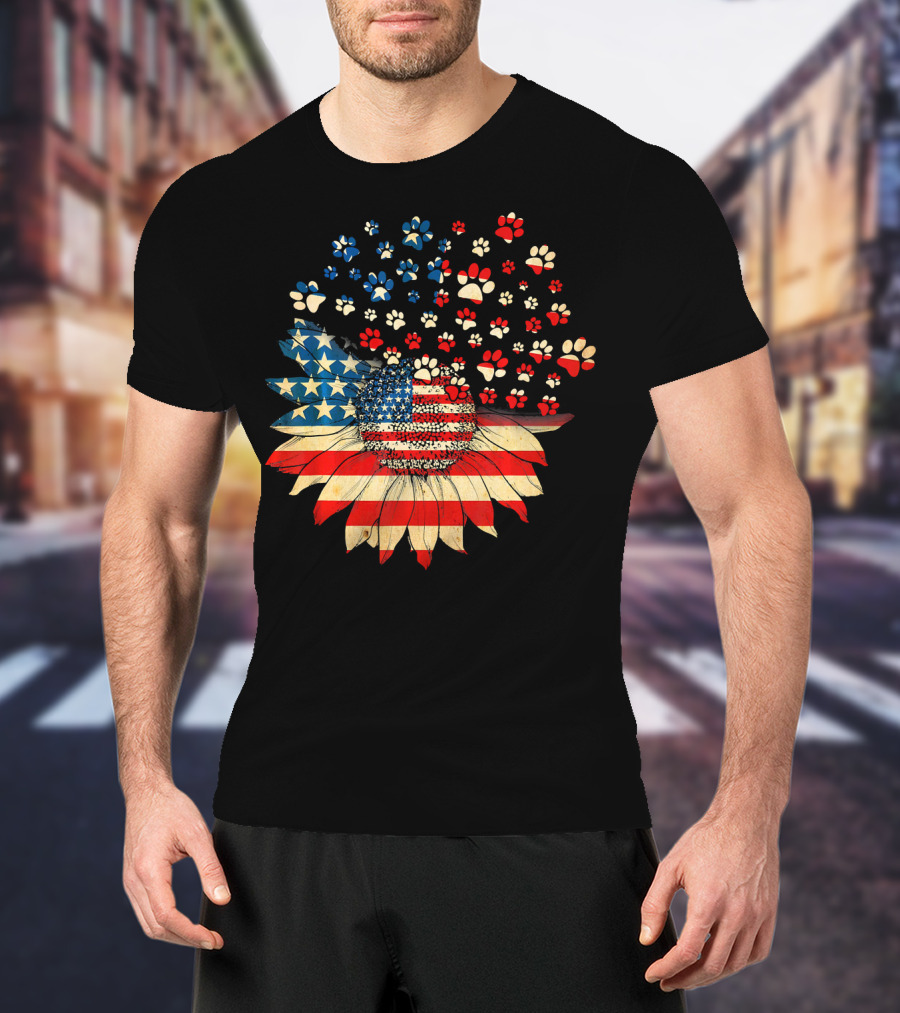 American Flag Sunflower With Dog Paw T-Shirt