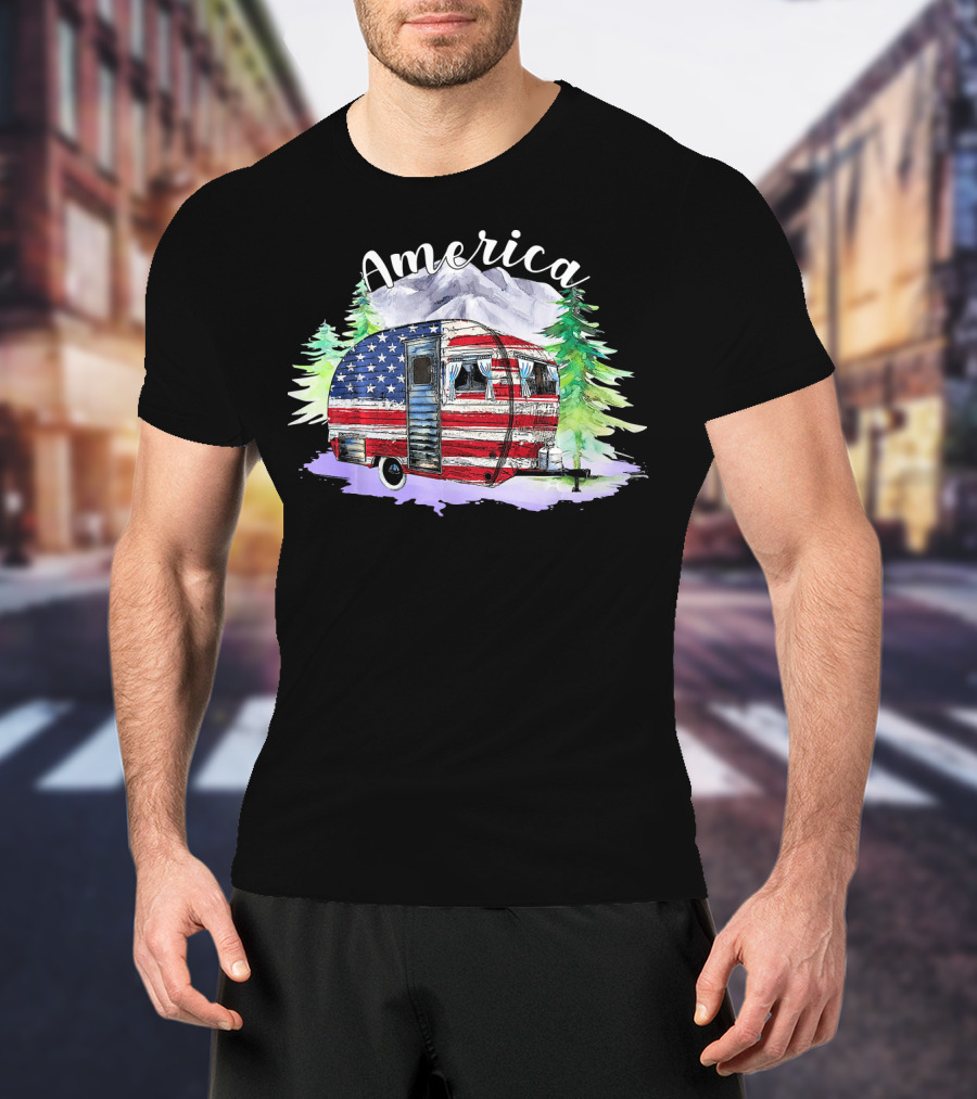 America Camping Van With USA Flag And Mountains For Fourth Of July T-Shirt