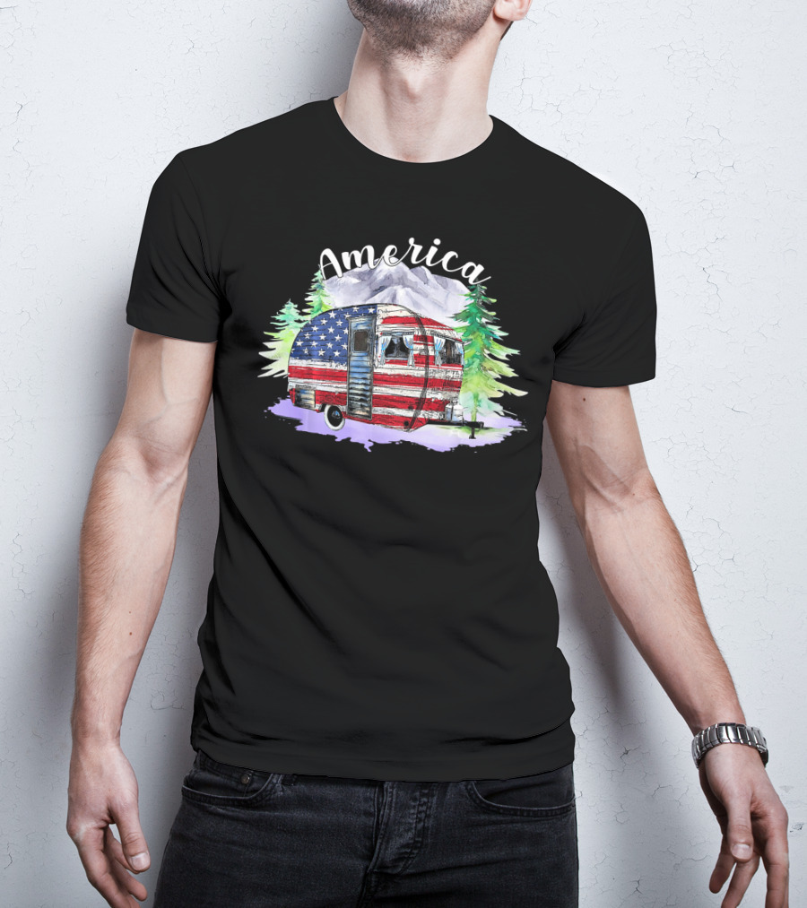 America Camping Van With USA Flag And Mountains For Fourth Of July T-Shirt