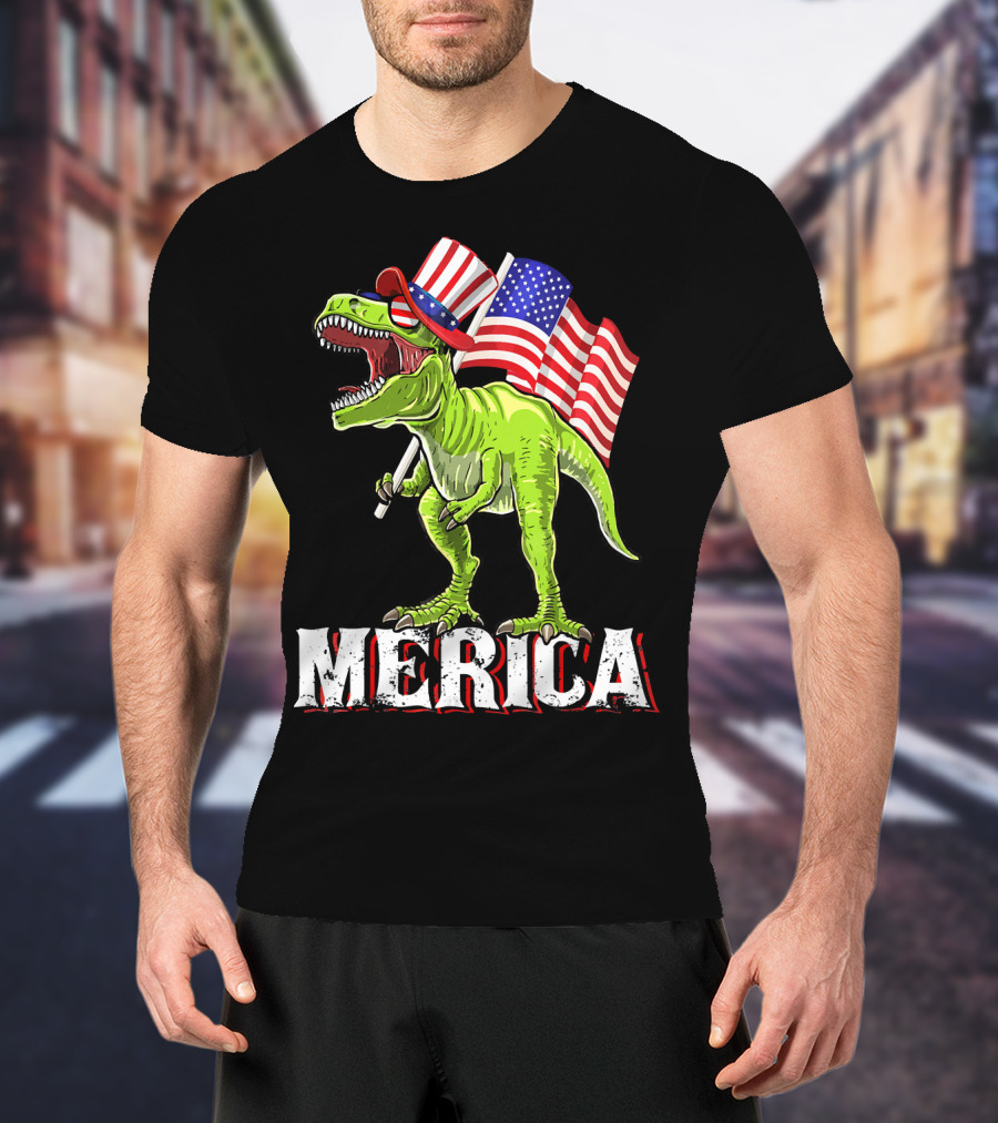 'Merica Patriotic Rex Dinosaur With American Flags And Hat T-Shirt