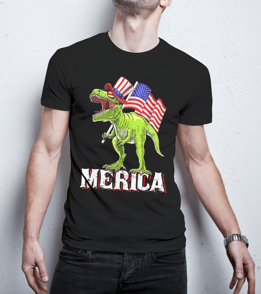 'Merica Patriotic Rex Dinosaur With American Flags And Hat T-Shirt