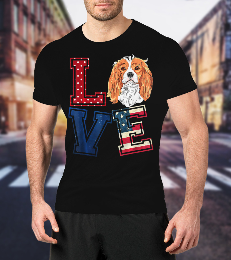 LOVE Cavalier King Charles Spaniel American Flag Face T-Shirt