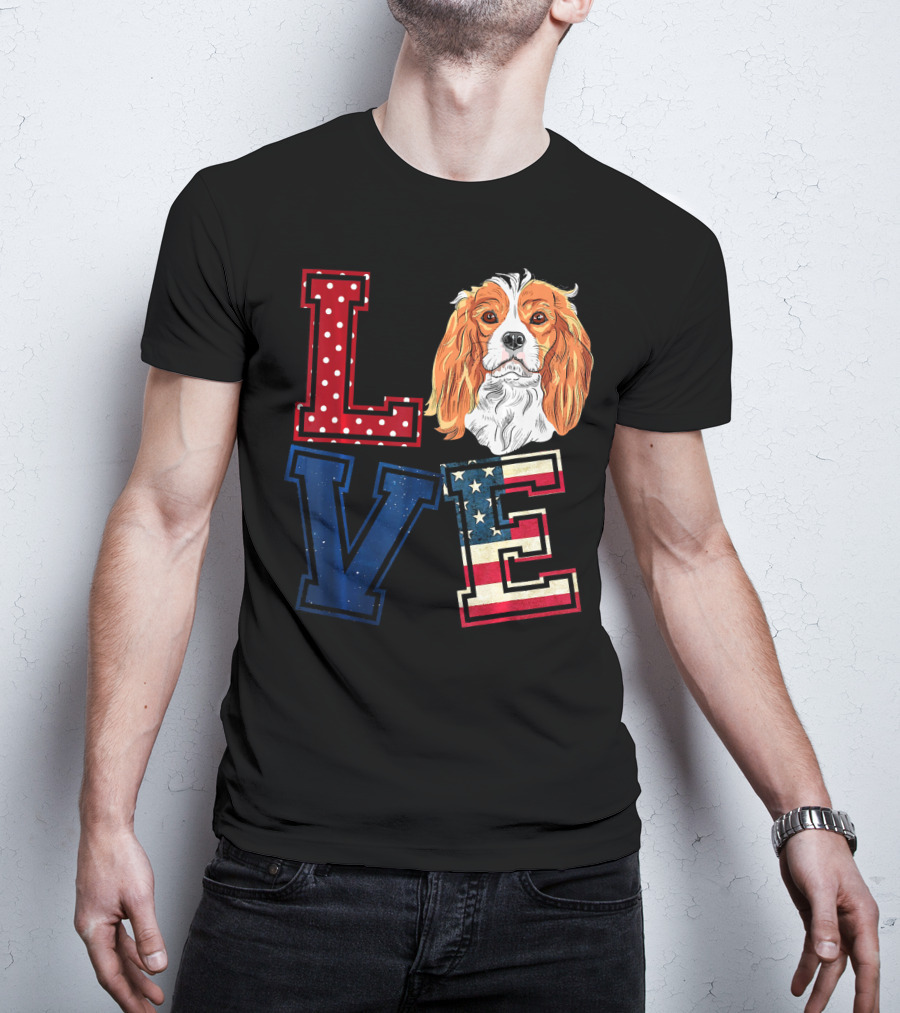 LOVE Cavalier King Charles Spaniel American Flag Face T-Shirt