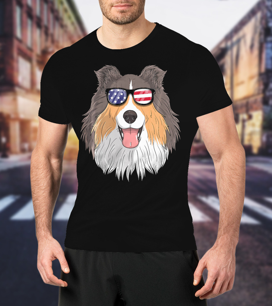 Shetland Sheepdog Patriotic Sheltie With American Flag Sunglasses T-Shirt