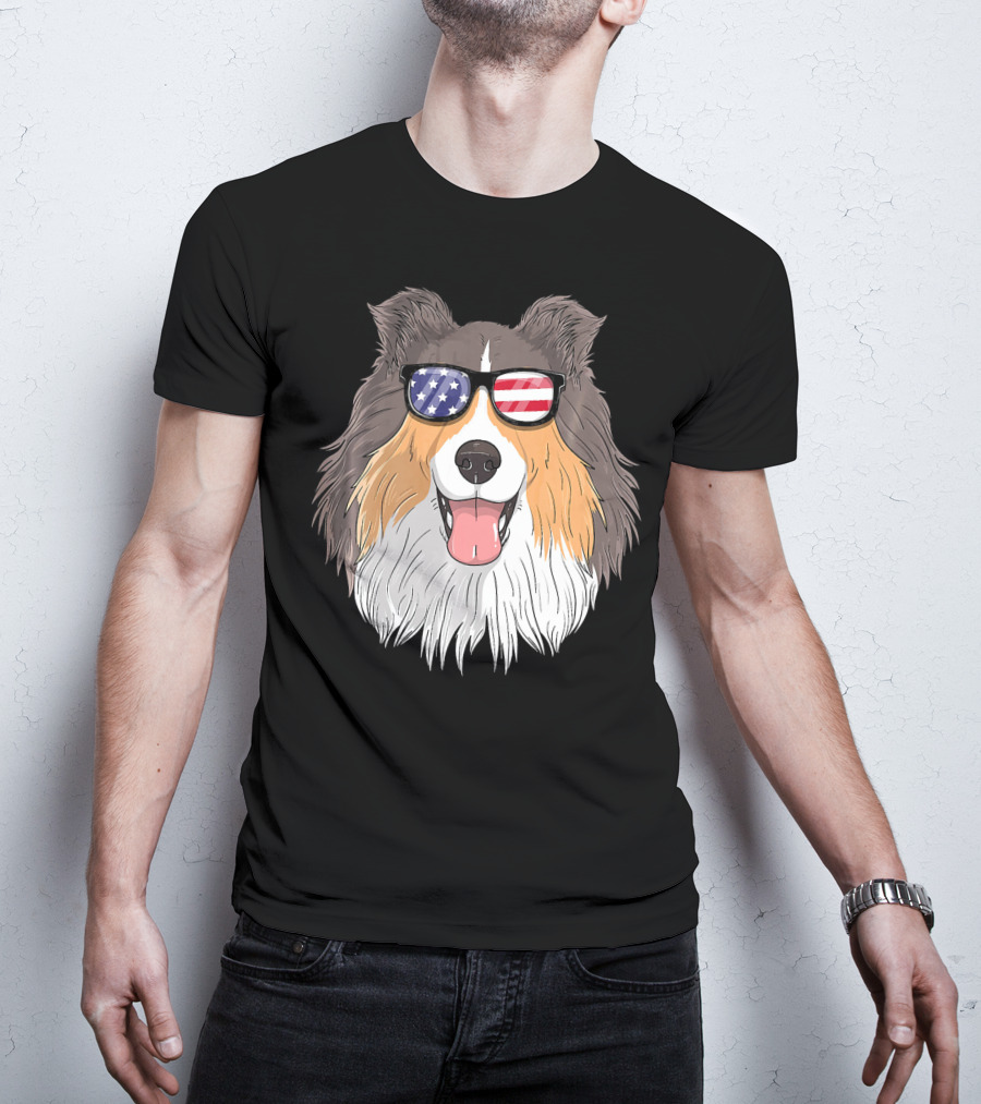 Shetland Sheepdog Patriotic Sheltie With American Flag Sunglasses T-Shirt