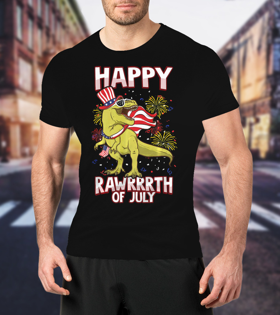 Happy Rawrrrth Of July American Flag Tyrannosaurus Rex T-Shirt
