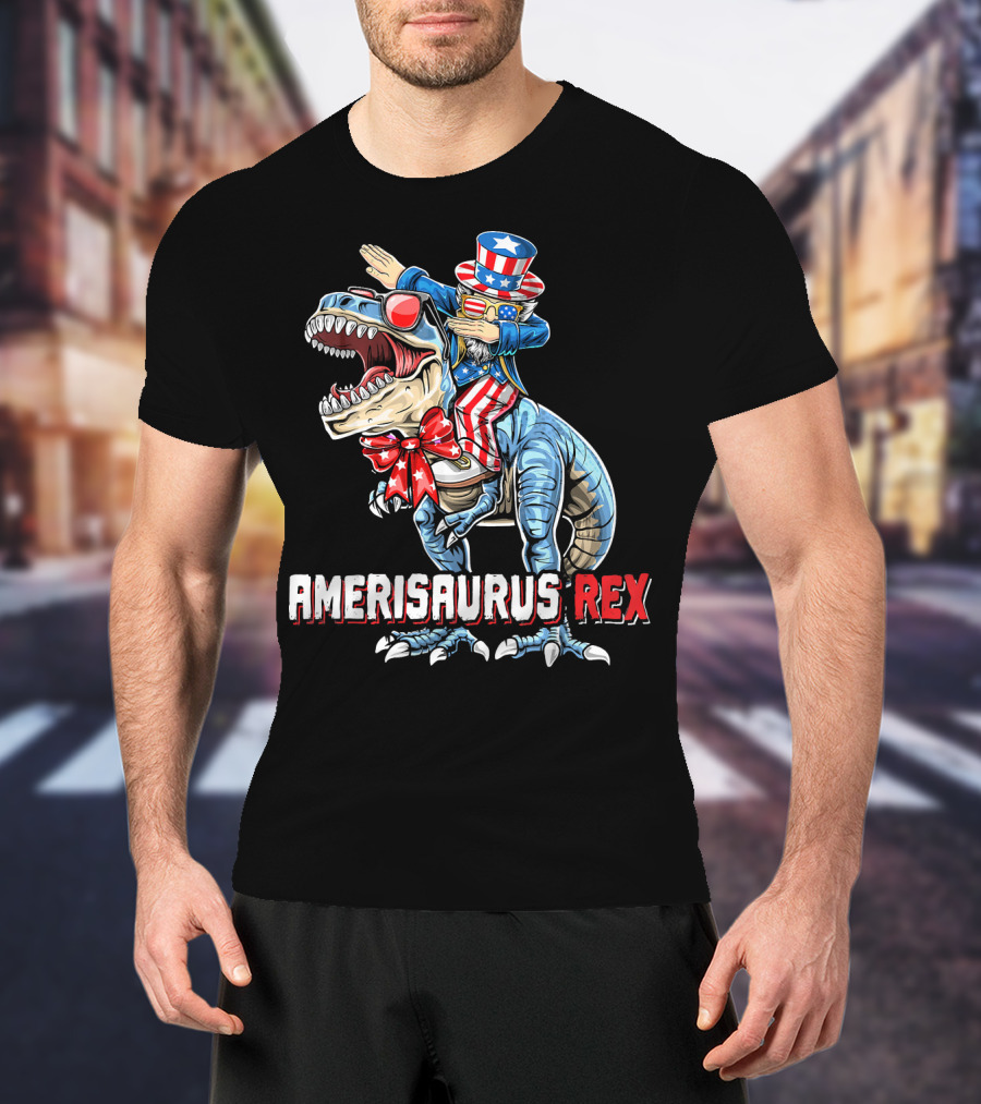 Amerisaurus Rex Dinosaur Dabbing Uncle Sam Patriotic Stars Stripes T-Shirt