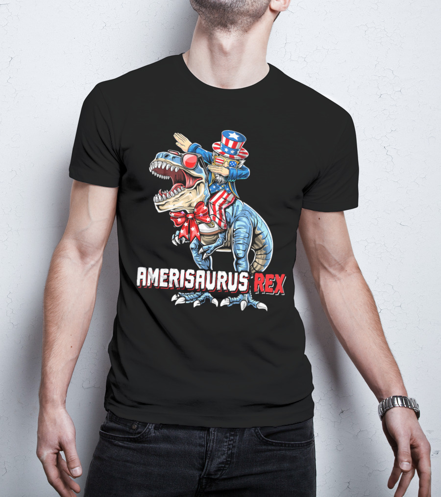Amerisaurus Rex Dinosaur Dabbing Uncle Sam Patriotic Stars Stripes T-Shirt
