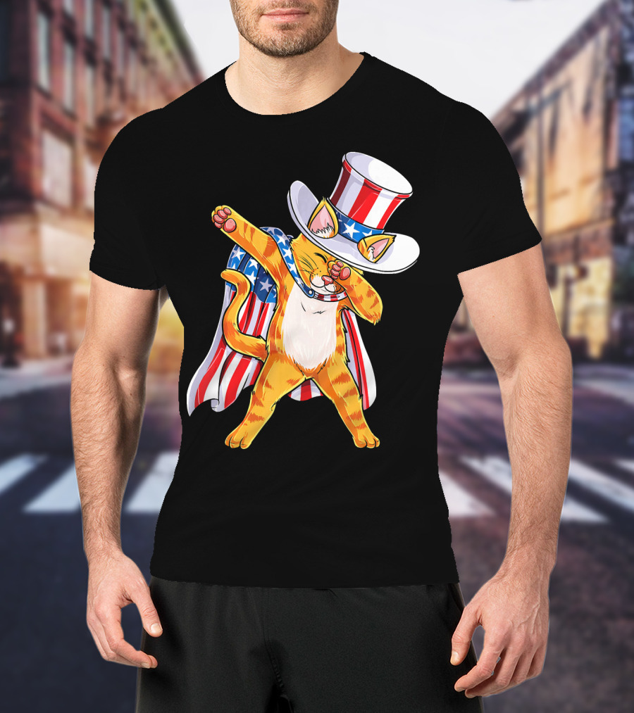 Meowica Cat Dabbing In Uncle Sam Hat And American Flag Cape T-Shirt