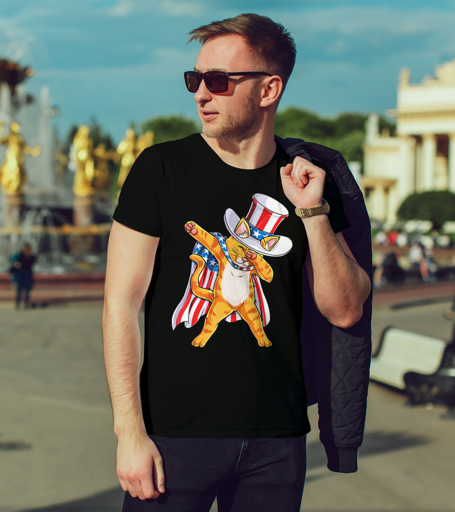 Meowica Cat Dabbing In Uncle Sam Hat And American Flag Cape T-Shirt