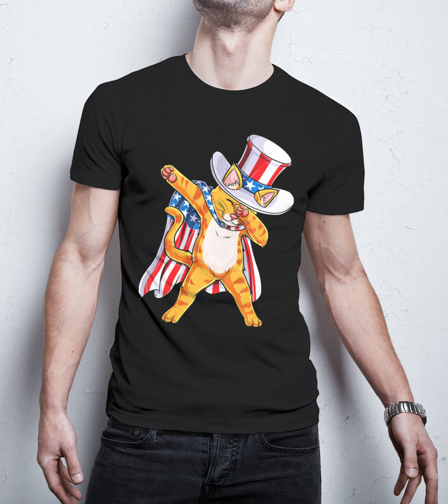 Meowica Cat Dabbing In Uncle Sam Hat And American Flag Cape T-Shirt