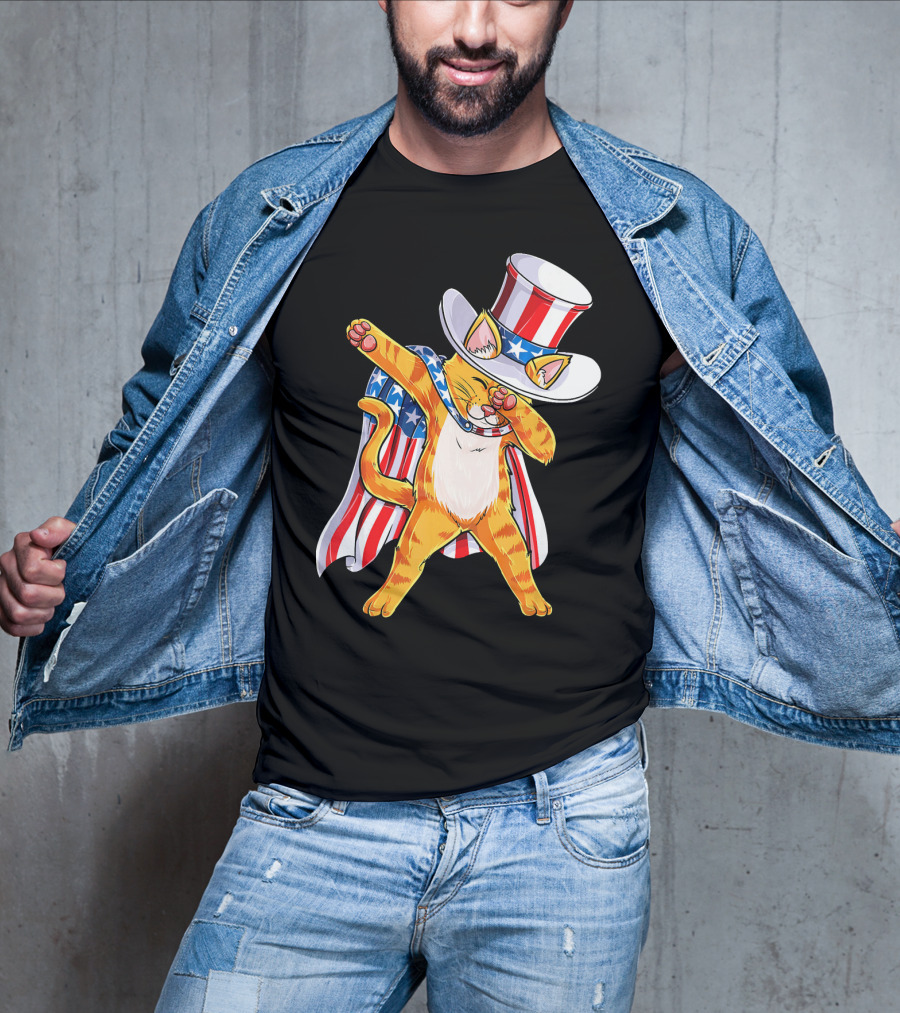 Meowica Cat Dabbing In Uncle Sam Hat And American Flag Cape T-Shirt