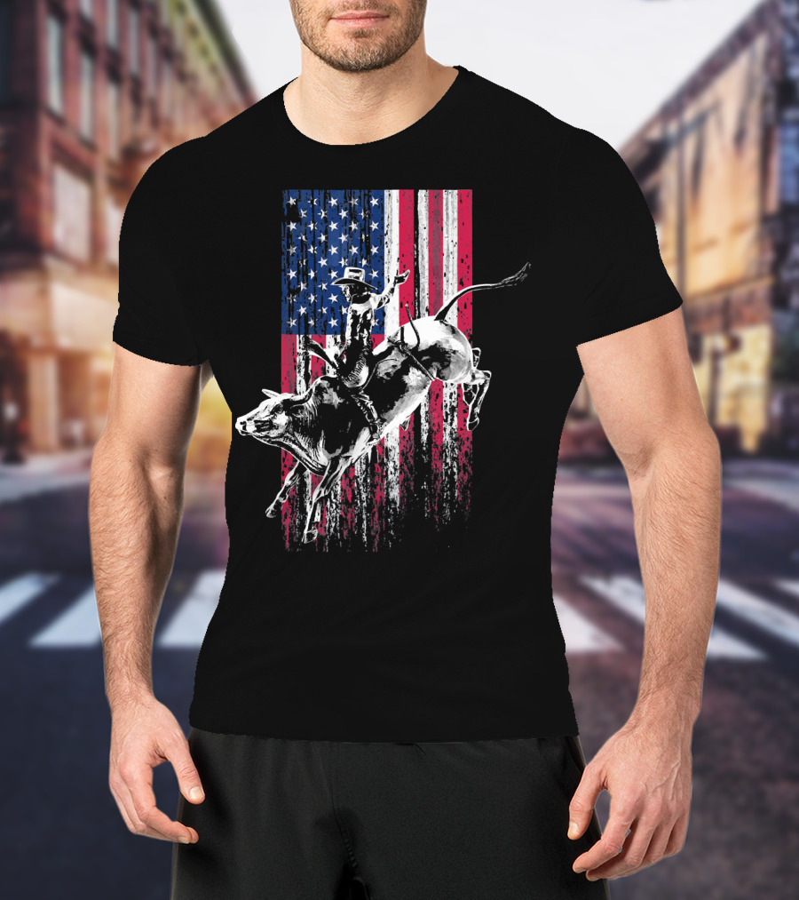 Patriotic American Flag Bull Rider Rodeo Scene T-Shirt