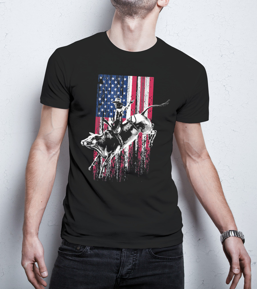 Patriotic American Flag Bull Rider Rodeo Scene T-Shirt