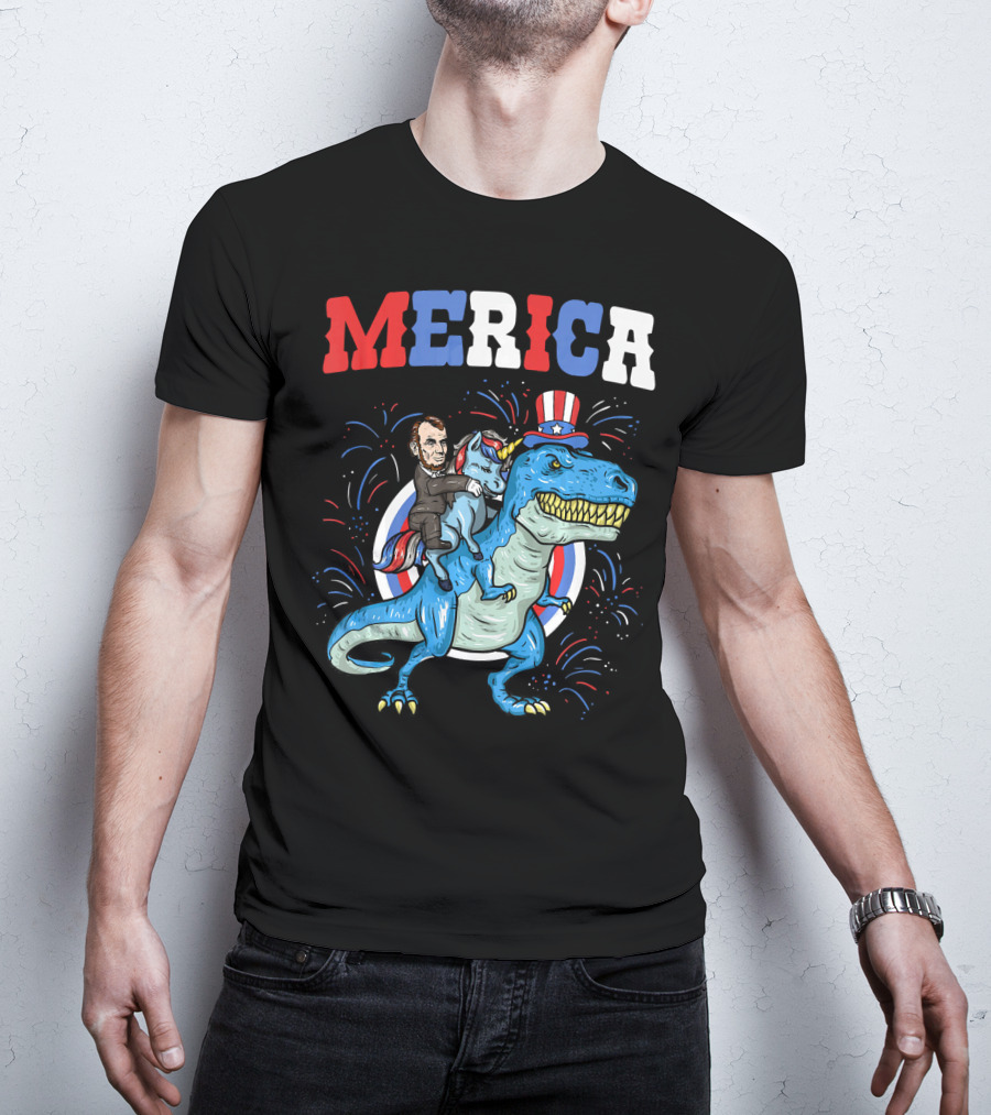 Merica Abe Lincoln Riding Unicorn On T-Rex With Patriotic Hat T-Shirt