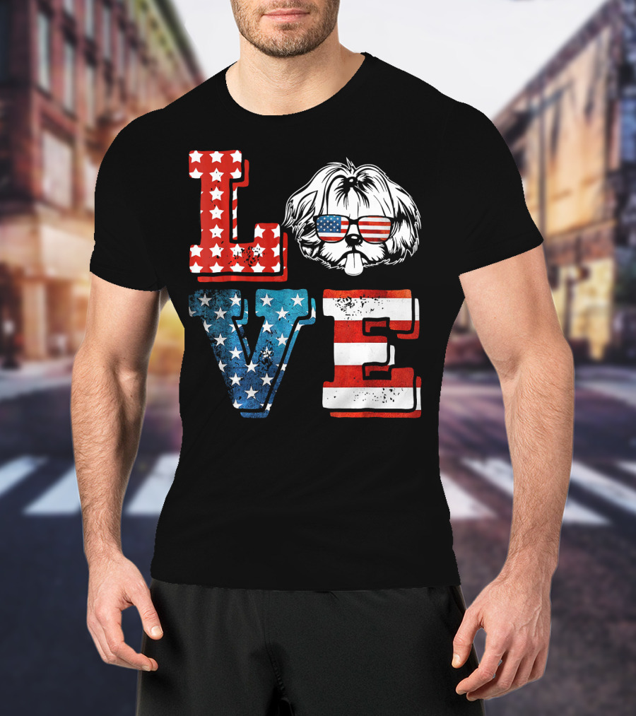 Love Shih Tzu Patriotic American Flag Sunglasses T-Shirt