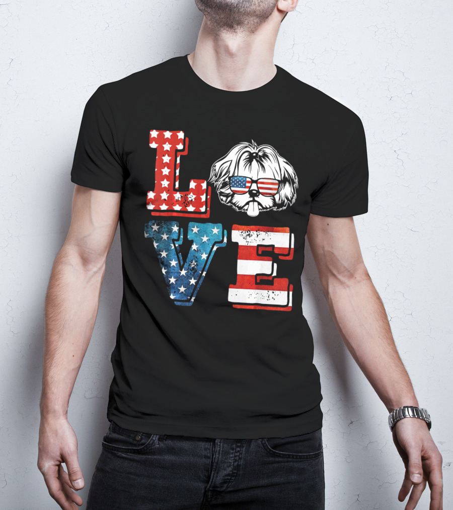Love Shih Tzu Patriotic American Flag Sunglasses T-Shirt