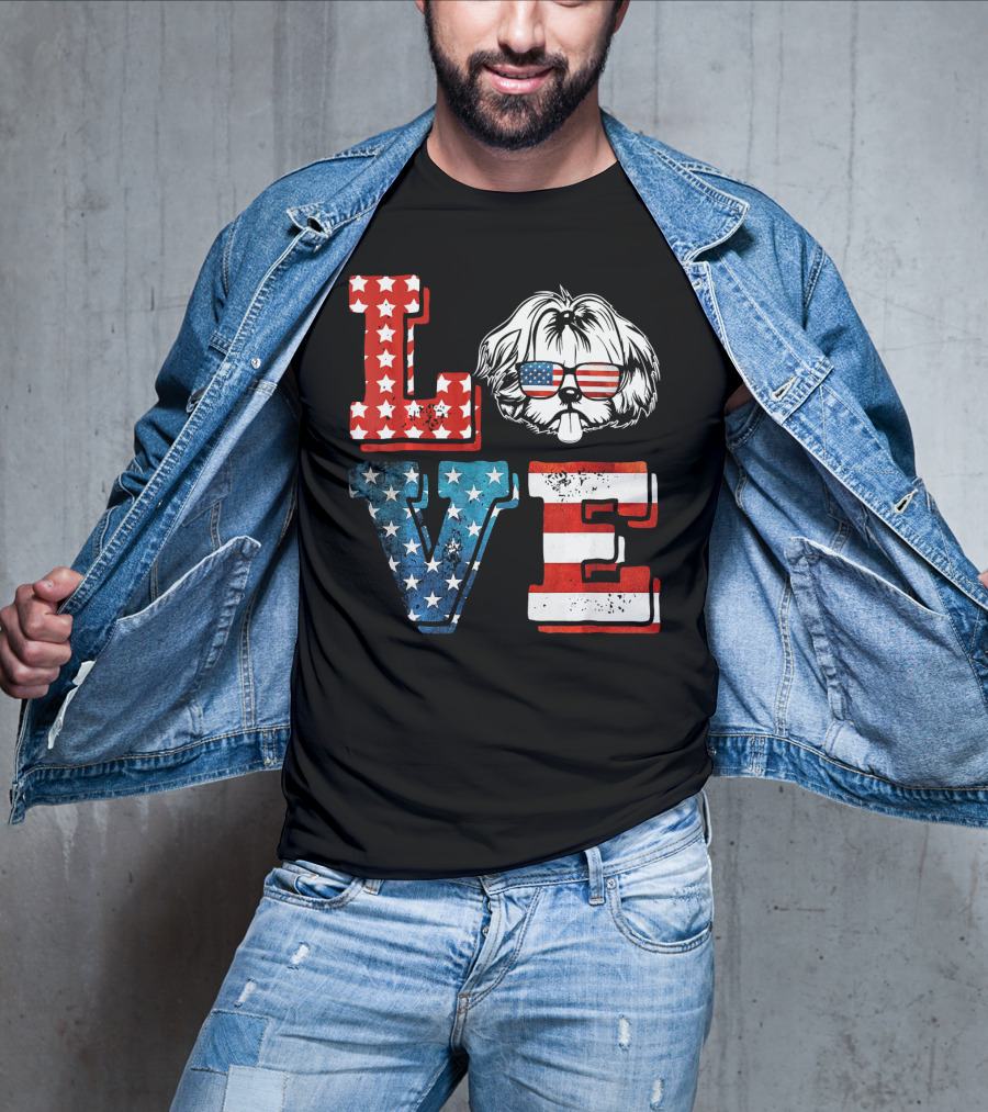 Love Shih Tzu Patriotic American Flag Sunglasses T-Shirt