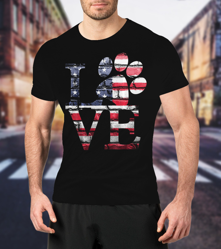Patriotic Love USA Flag Style With Dog Paw T-Shirt