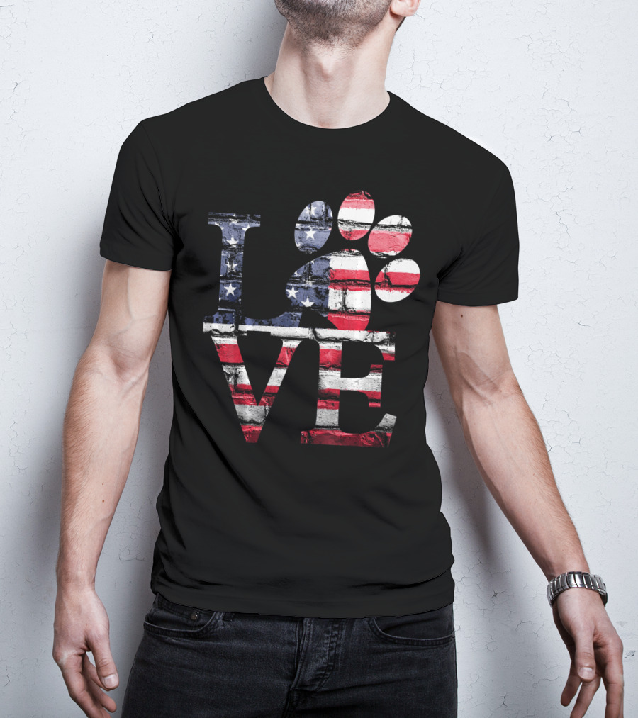 Patriotic Love USA Flag Style With Dog Paw T-Shirt